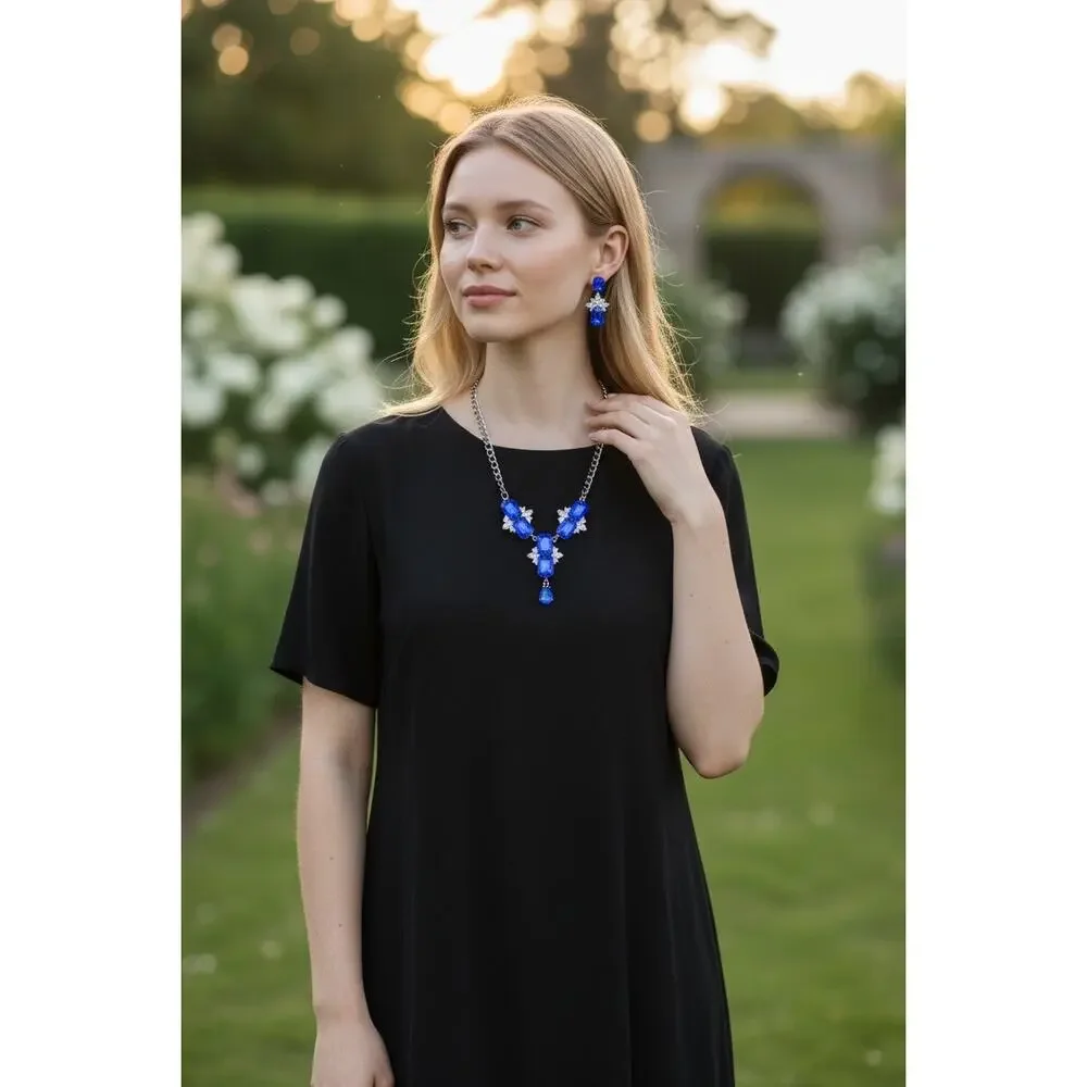 Blue Crystal Statement Necklace Set Matching Earrings Rhinestone Jewelry